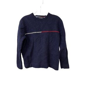 VTG TOMMY HILFIGER 100% Lambswool Logo Blue Navy Sweater Sleeve Women's Size L